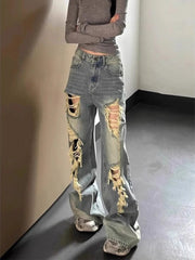 Lunivop Vintage Waed Ripped Denim Jeans Women Y2k Loose Straight Leg Slim Wide Leg Floor Length Pants Distressed Denim Jeans Streetwear