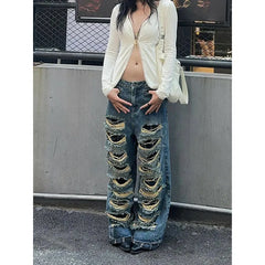 Lunivop Women's Blue Gothic Y2k Ripped Jeans Baggy Harajuku Denim Trousers Vintage Emo Jean Pants Japanese 2000s Style Trashy Clothes