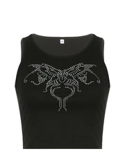 Lunivop Summer vintage women's T shirt Rhinestones Graphics Y2k Punk Sexy Black Butterfly Vest Top women O-neck short tops kawaii