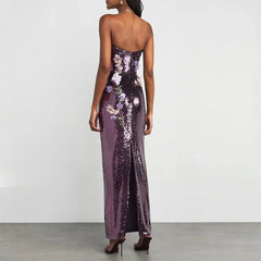 Lunivop Gliter Purple Sequin Evening Gowns Ankle Length Elegant Formal Party Dress Strapless Dress with Flower Prom Dress