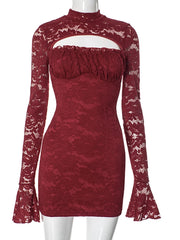 Lunivop Turtleneck Sexy Hollow Out Lace Women Dress Black Flare Sleeve A-line Dress Femme Spring Skinny Elegant Party Club Dress