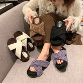 Lunivop Cross Band Plush House Slippers for Women New Open Toe Soft Sole Fuzzy Home Shoes Woman Winter Cozy Warm Indoor Floor Slippers