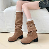 Lunivop Women Pleated Boots Female Faux Suede Knee High Boot Ladies Autumn Winter Fashion Buckle Slip on Square Heel Knight Booties