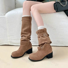 Lunivop Women Pleated Boots Female Faux Suede Knee High Boot Ladies Autumn Winter Fashion Buckle Slip on Square Heel Knight Booties