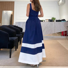 Lunivop Female Navy Beach Dress Fashion Casual Slash Neck Spaghetti Straps Summer Sleeveless High Waist Street Long Sundress
