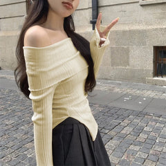 Lunivop Off Shoulder Knit Top for Women Long Sleeve Off-The-Shoulder Ribbed Knit Pullovers Women Sweater Y2K Outfit