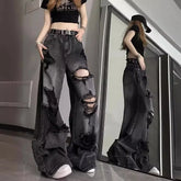 Lunivop Unique Cool Ripped Jeans Women's Summer Distressed American Style Bell Bottoms Loose Fit Versatile Straight Leg Long Pants