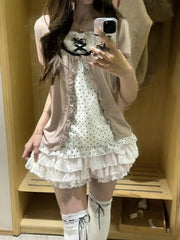 Lunivop American Style Vintage 2 Piece Set Woman Sweet Girl Fake Two Short Sleeved Tops Casual Lace Mini Skirt Chic