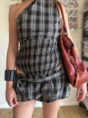 Lunivop Women Y2K 2 Piece Bubble Skirt Outfit Set Off the Shoulder Plaid Halter Tank Top and Puff Mini Skirt with Belt Party Clubwear