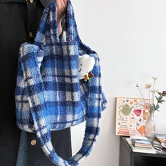 Lunivop Retro Blue Plaid Tote Bag Women Plush Large Capacity Hand Carry Shoulder Bag Ladies Daily Casual Commuter Crossbody Bags