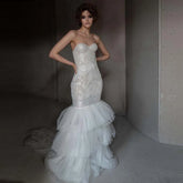 Lunivop Elegant Sweetheart Lace Mermaid Wedding Dress Tiered Ruffled Tulle Bottom Bridal Dresses Sweep Train Zipple Back Long Prom Gowns