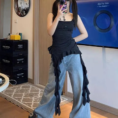 Lunivop Oversize Irregular Ruffles Camisole Vest for Women Summer Sweet Subcultural Y2k Women's Clothing Black Camis Slim Fit Tops