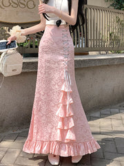 Lunivop Print Vintage Long Skirt Women Casual Ruffles England Sweet Trumpet Skirts Retro Lace Up Elegant Female Design Long Skirt