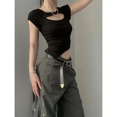 Lunivop Vintage Camouflage Printed Mesh Halter Camisole Women+ Summer New Slim Fit Irregular Black T-shirts Y2k Grunge Two Piece Sets