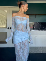 Lunivop Sexy Off Shoulder See Through Lace Women Dress Blue Long Sleeve Maxi Dress Female Spring New Elegant Party Clubwear