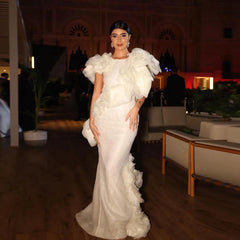 Lunivop O-neck Ruffles Sleeve Mermaid Dress With Train Ruffled Floral Evening Dresses Off White Lace Long Woman Clothes Elegant Prom Dress