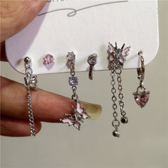Lunivop 6PCS Pink Crystal Heart Black Butterfly Drop Earring Set For Women Gothic Y2K Cute Aesthetic Jewelry Scene 2000s EMO Accessories