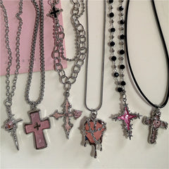 Lunivop Gothic Y2K Pink Cross Heart Pendant Chain Choker Necklace For Women Egirl Hip Hop Punk Charms Aesthetic Jewelry EMO Accessories
