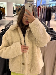 Lunivop Casual Turn-down Collar Lamb Wool Jacket Women Thickened Warm Single Breasted Coats Women Autumn Winter High Street Outwear Tops