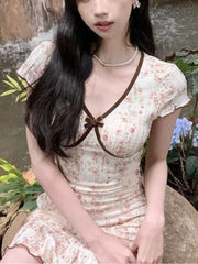 Lunivop French Vintage Y2K Printed Dress Women Slim Fit V-Neck Bow Floral Mini Dress Summer Korean Fashion Seaside Vacation Sweet Outfit