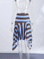 Lunivop Striped Asymmetric Midi Skirt Women Sexy Elastic Pleated Hem Skirts Female Summer Lady Casual Vacation Bottom