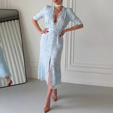 Lunivop Chic Lace Trimmed Printed Dress Women Elegant Deep V-neck Waist Cinching Split Short Sleeve Maxi Dress Lady Party Vestidos