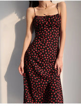 Lunivop Sexy Women Bow Lacing up Slash Collar Back Elastic Ruched Long Robe Retro French style Summer Rose Flower Print Midi Sling Dress