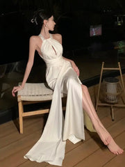 Lunivop Elegant Sexy Backless Solid Long Dresses EveningBirthday Party Halter Designer White Dress Summer Women Fashion Wedding Vestidos