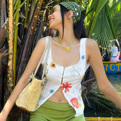 Lunivop Square Collar Print Sleeveless Lace Button Pear Slit High Waist Tank Crop Top Vacation Trip Casual Clothing