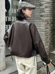 Lunivop Women Blue Biker Pu Jackets Retro Streetwear Long Sleeve Moto Short Coats Casual O Neck Korean Fall Winter Pockets Outwear New