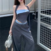 Lunivop Summer New High Street Contrast Color Patchwork Sexy Irregular Camisole Women + Loose Casual Wide Leg Pants Two-piece Suit