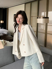 Lunivop Elegant White Blazer Women Slim Long Sleeve Korean Sweet Suit Coat Casual Fashion Fall Double Breasted Female Chic Short Outwear