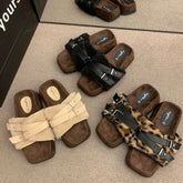 Lunivop Comwarm Winter Fluffy Fur Slippers Women Fashion Leopard Buckle Slippers Open Toe Flats Cotton Shoes Comfort Outdoor Slippers