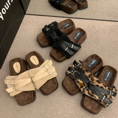 Lunivop Comwarm Winter Fluffy Fur Slippers Women Fashion Leopard Buckle Slippers Open Toe Flats Cotton Shoes Comfort Outdoor Slippers