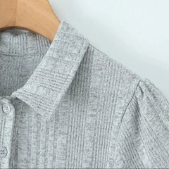 Lunivop Preppy Style Gray Buttons Polo Collar Knitted Short Puff Sleeve Dress Women Slim Low Waist Spliced BUD Swing Mini Dresses Robe