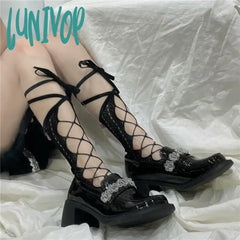 Lunivop 1 Pair Of Jk Calf Strap Socks With Cross Lolita Stockings Hollow
