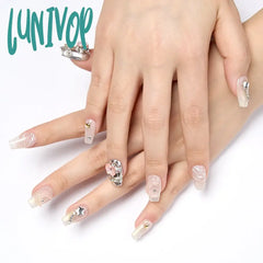 Lunivop 10Pcs Aurora Pink Handmade Press On Nails Short Glitter French Fake Full Cover Diamond