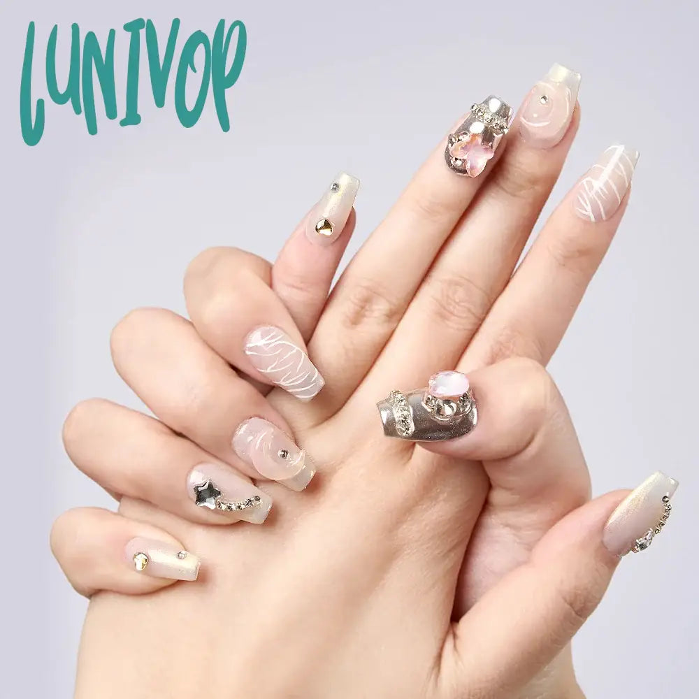 Lunivop 10Pcs Aurora Pink Handmade Press On Nails Short Glitter French Fake Full Cover Diamond