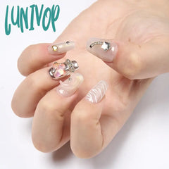 Lunivop 10Pcs Aurora Pink Handmade Press On Nails Short Glitter French Fake Full Cover Diamond