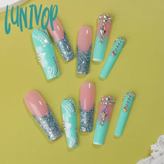 Lunivop 10Pcs Green Fake Nail Patch Sweet French False Nails Full Cover Wear White Flower Decortive