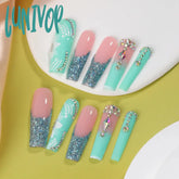 Lunivop 10Pcs Green Fake Nail Patch Sweet French False Nails Full Cover Wear White Flower Decortive