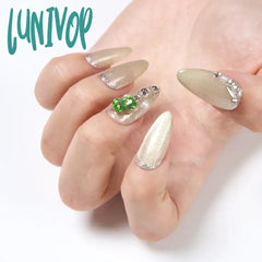 Lunivop 10Pcs Handmade Fake Nails Long Almond Shaped Nail With Color Rhinestone Design 3D Glossy