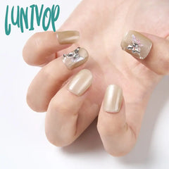 Lunivop 10Pcs Handmade Glossy Short Square Fake Nail Sweet Press On Nails With 3D Bubble Beads