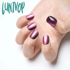 Lunivop 10Pcs Handmade Purple Red Cat Eye Press On Nails Glossy Short Square Fake Shiny False For