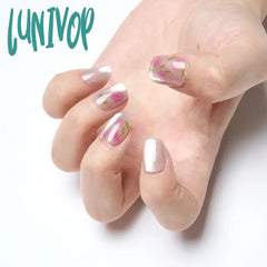 Lunivop 10Pcs Shiny Handmade Press On Nails Short Ballerina Artificial Full Cover Cat Eye Rose