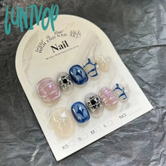 Lunivop 10Pcs Wearable Handmade Press On Nails Blue Y2K Designed Fake Nail Reusable Artificial