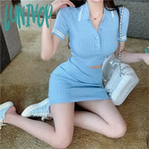 Lunivop 2 Peices Set Women Suits With Skirt Korean Fashion Turn-Down Collar Short Sleeve Crop Top