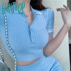 Lunivop 2 Peices Set Women Suits With Skirt Korean Fashion Turn-Down Collar Short Sleeve Crop Top