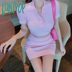 Lunivop 2 Peices Set Women Suits With Skirt Korean Fashion Turn-Down Collar Short Sleeve Crop Top