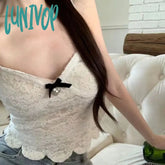 Lunivop 2000S Retro Bow Sleeveless V Neck Irregular Hem Padded Lace Vest Korean Sweet Cute Tank